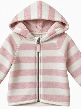 H&M Baby Girl Pink Cream Striped Fleece Lined Hooded Jacket 6-9M